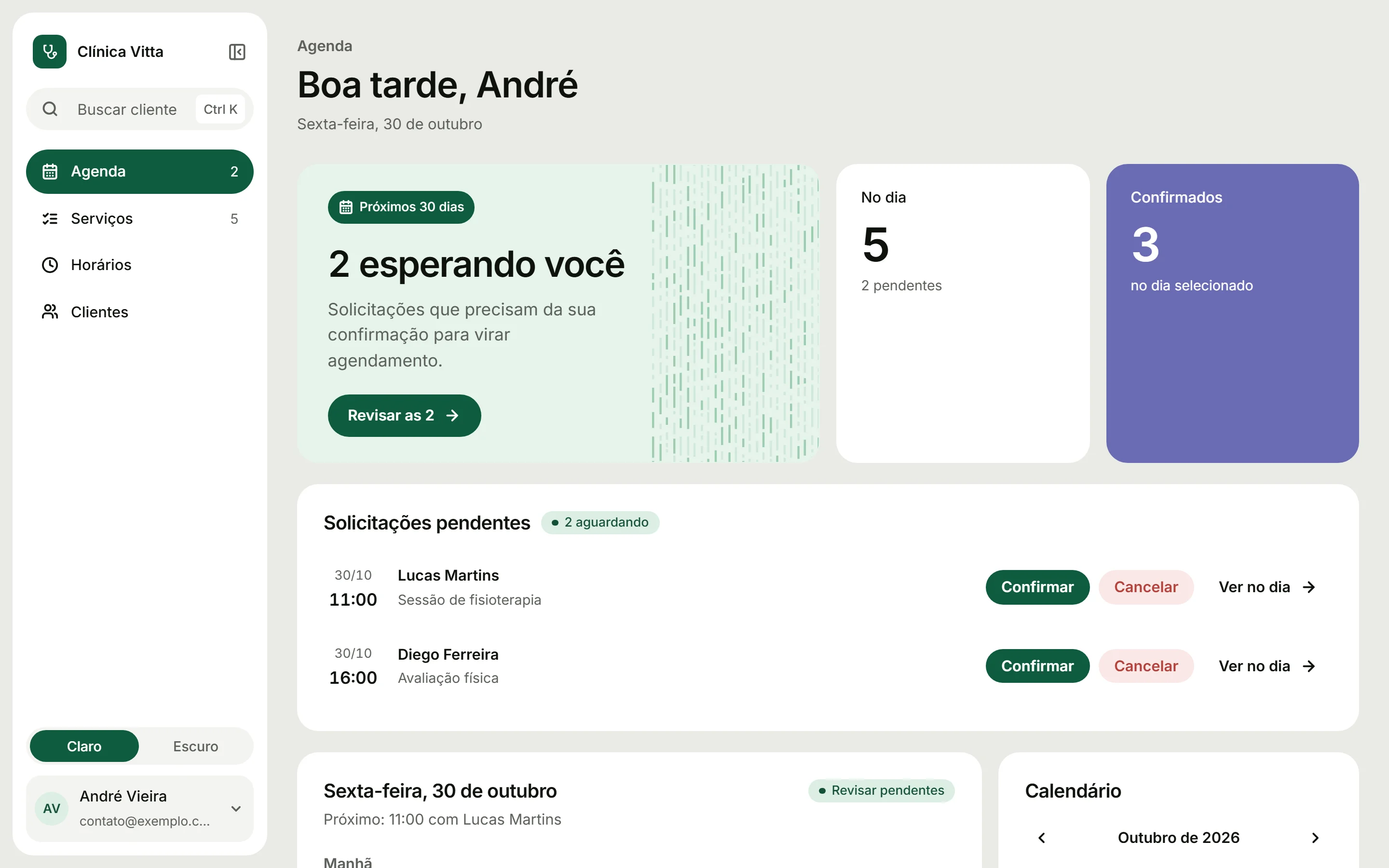 Agenda do prestador com solicitações pendentes e contadores do dia