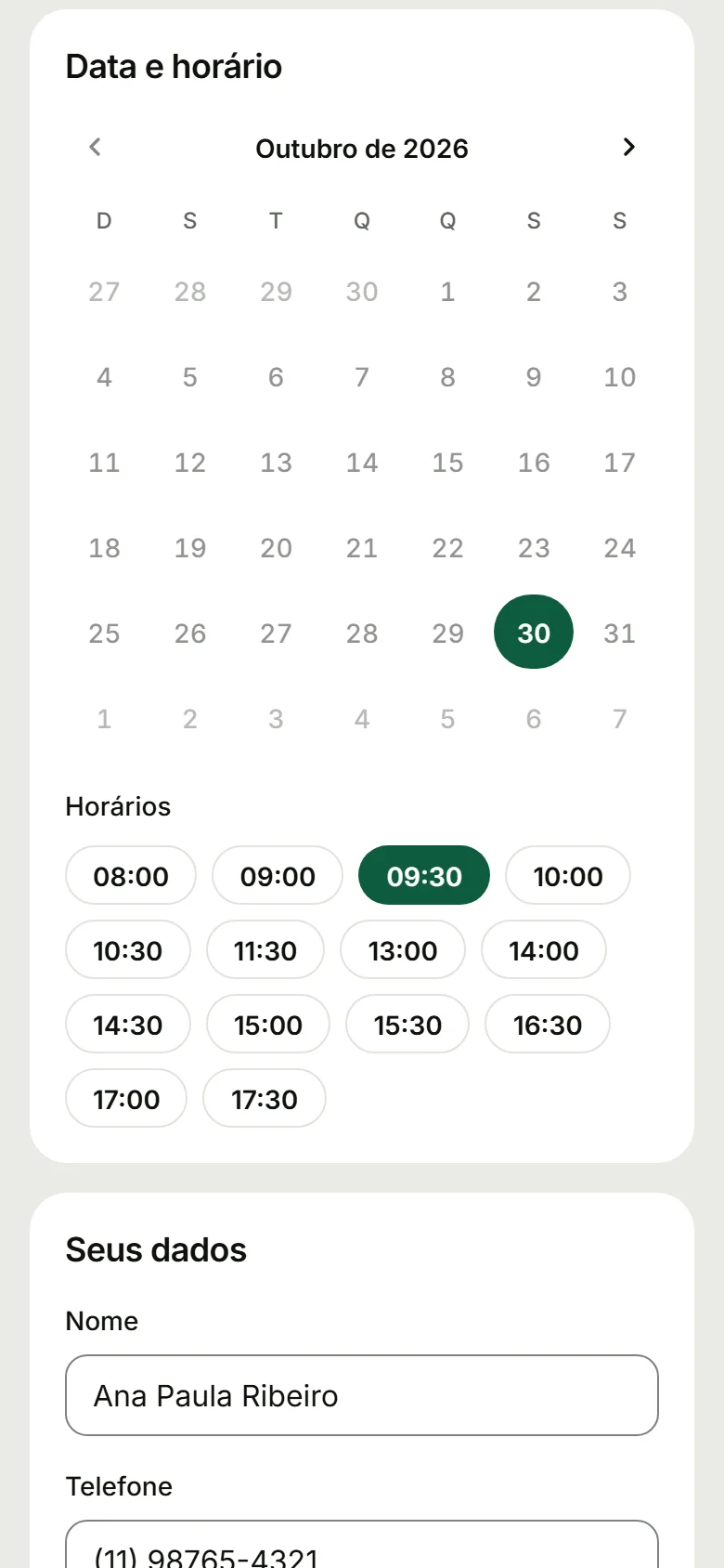 Calendário no celular com o horário escolhido