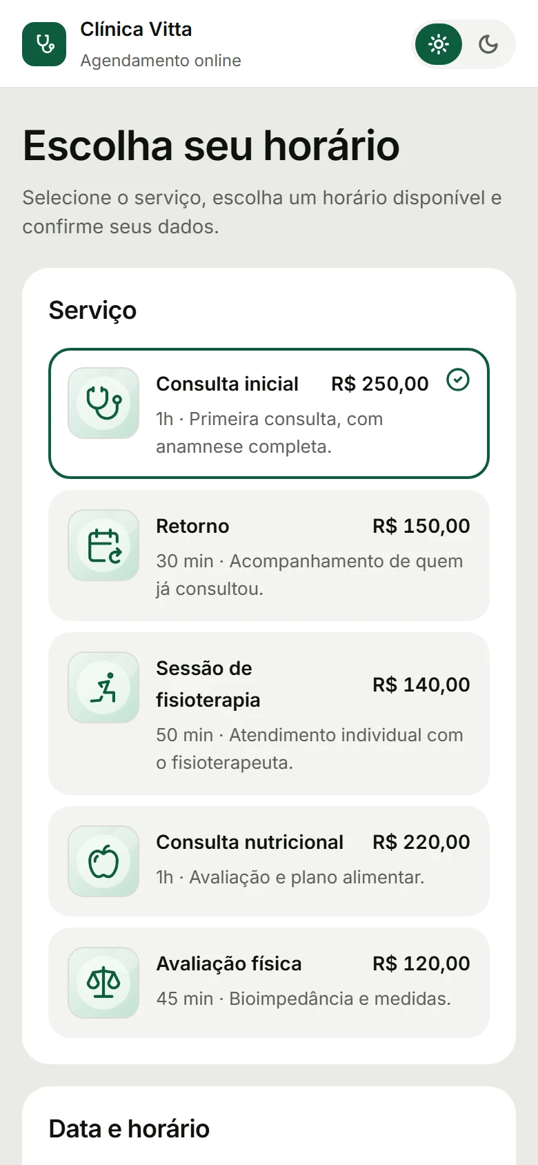 Página de agendamento no celular: o cliente escolhe o serviço